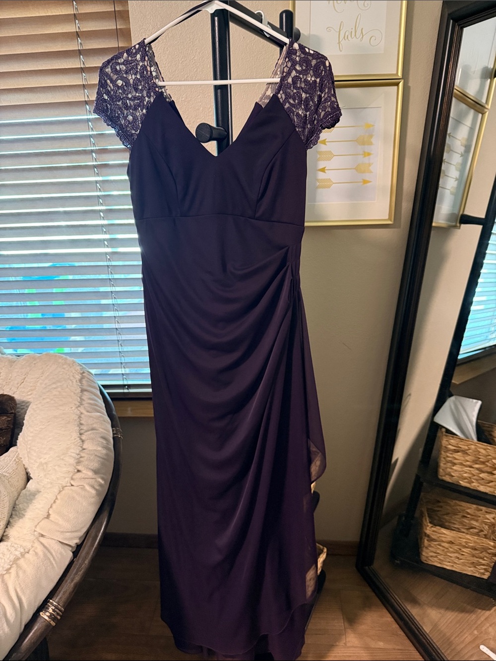 Xscape Deep Purple Lace Cap-Sleeve Maxi Dress